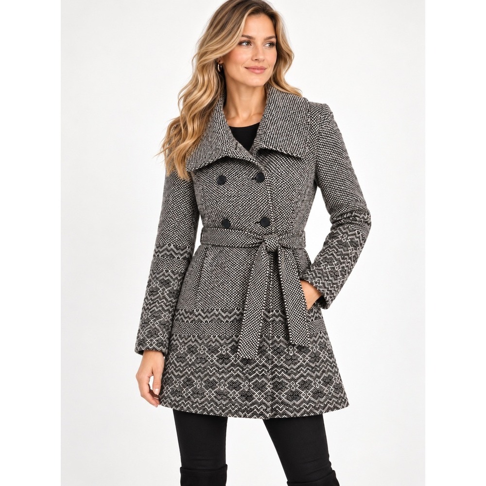 Guess Los Angeles Womens Wool Blend Herringbone Belted Pea Coat Black White